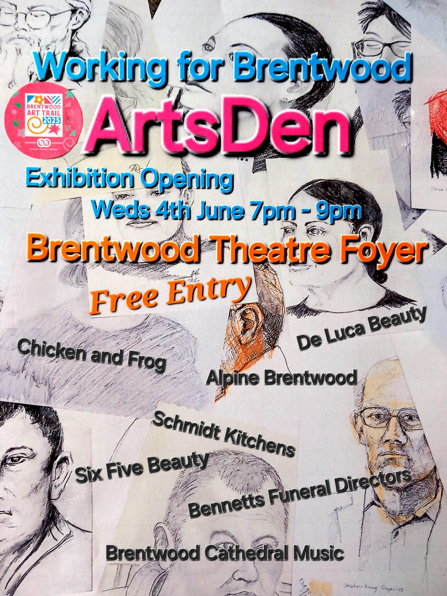 Image promoting ArtsDen art exhibition and music jam at Brentwood Theatre on Wednesday 4 June from 7pm.