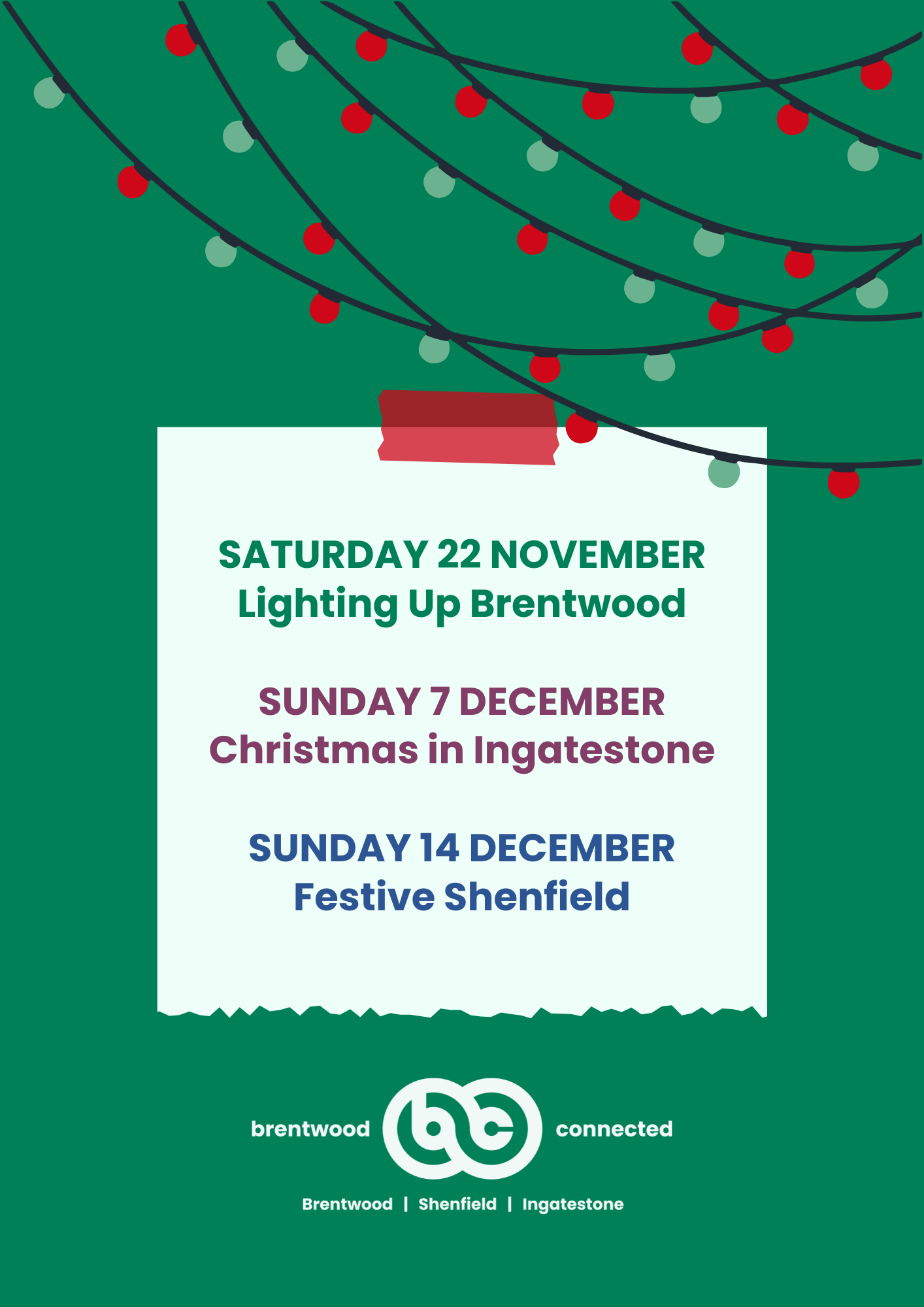 Poster listing Brentwood Connected Christmas dates for 2025