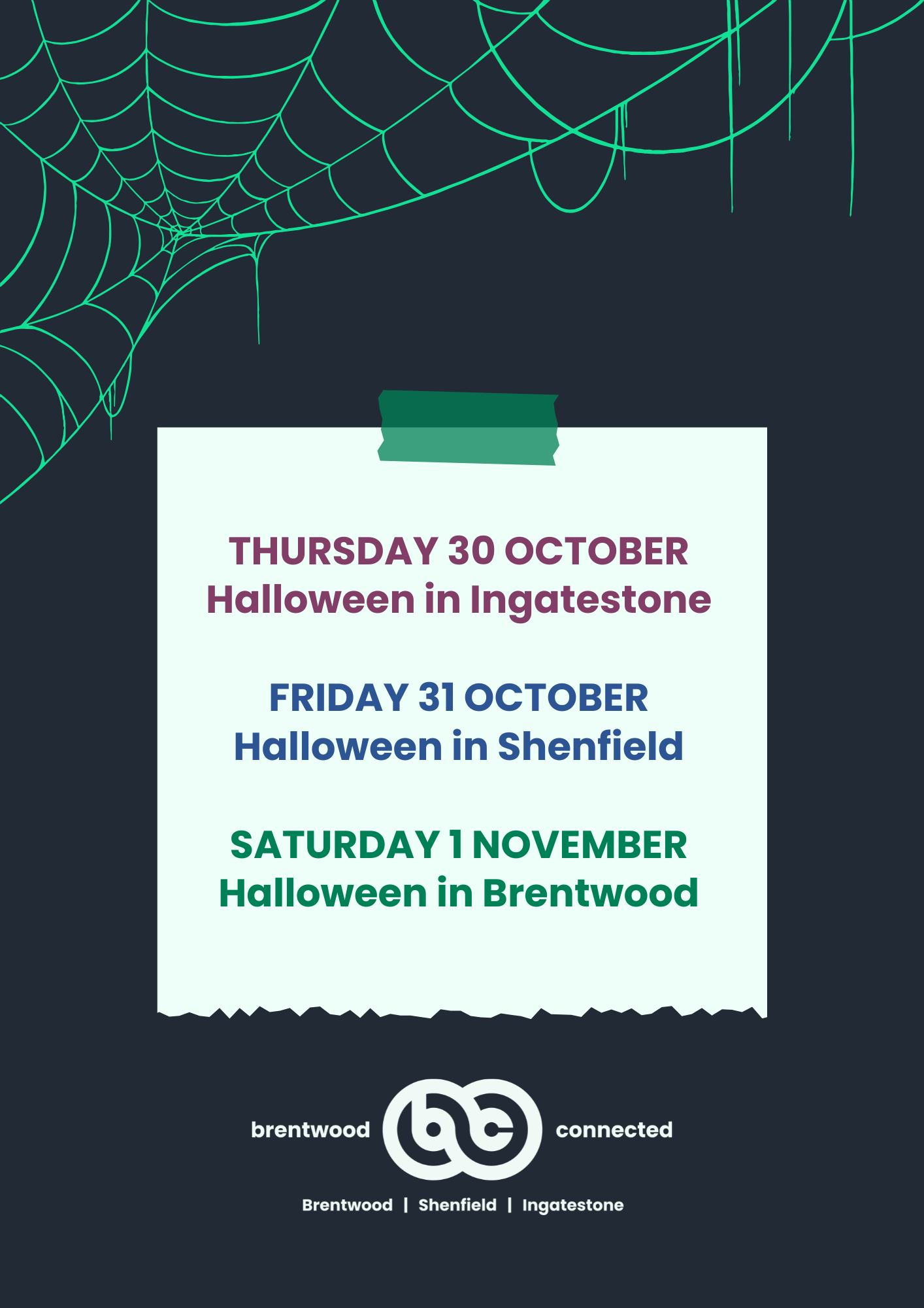 Poster listing Brentwood Connected Halloween dates for 2025
