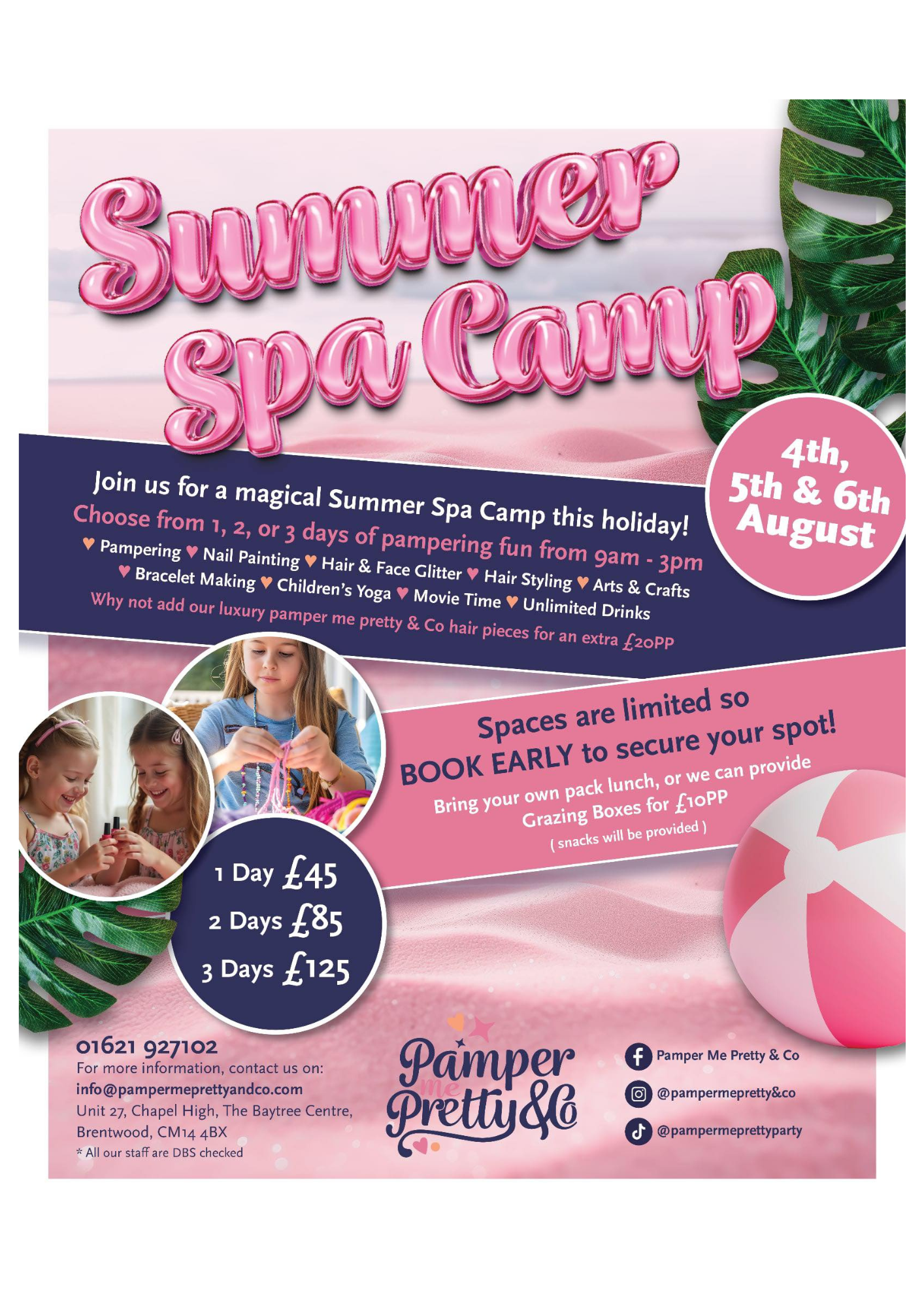 Poster for the Summer Spa Camp at Pamper Me Pretty & Co in August 2025.