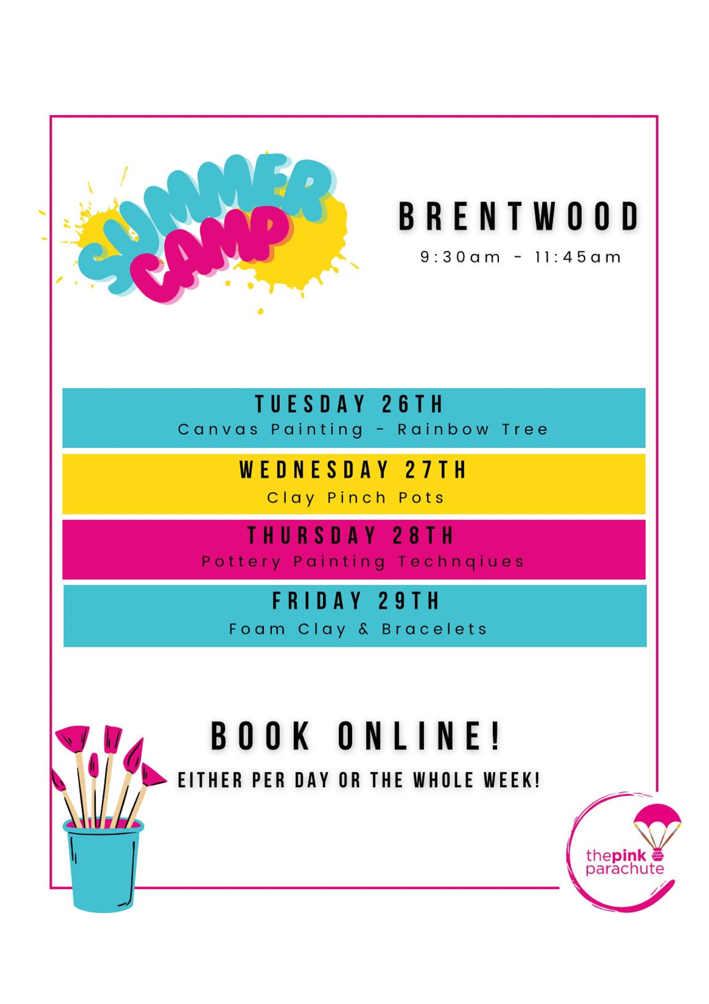 Poster for The Pink Parachute Summer Camp events in July 2025.
