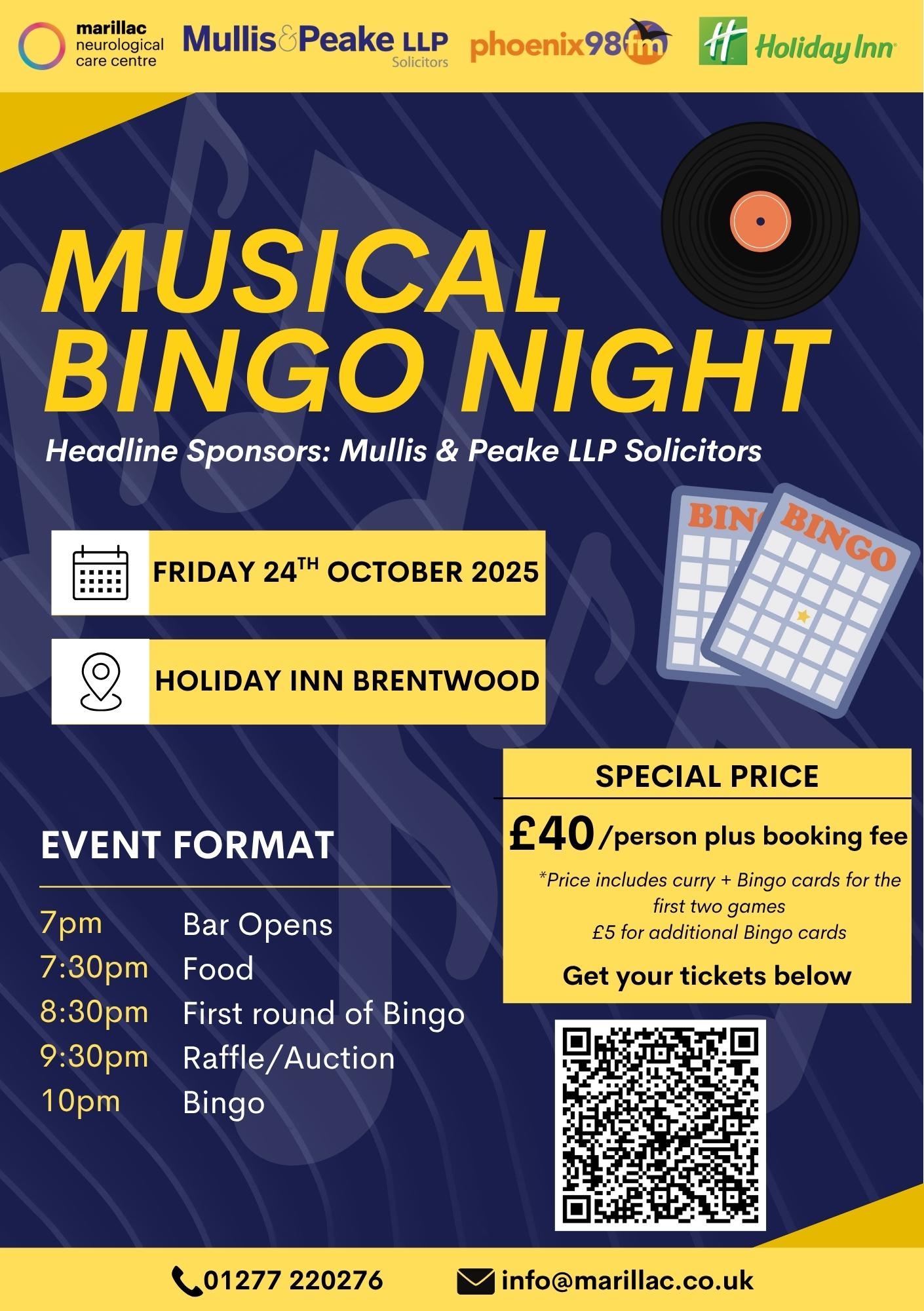 Image promoting Musical Bingo Night for Marillac Neurological Care Centre at Holiday Inn Brentwood on Friday 24 October 2025.