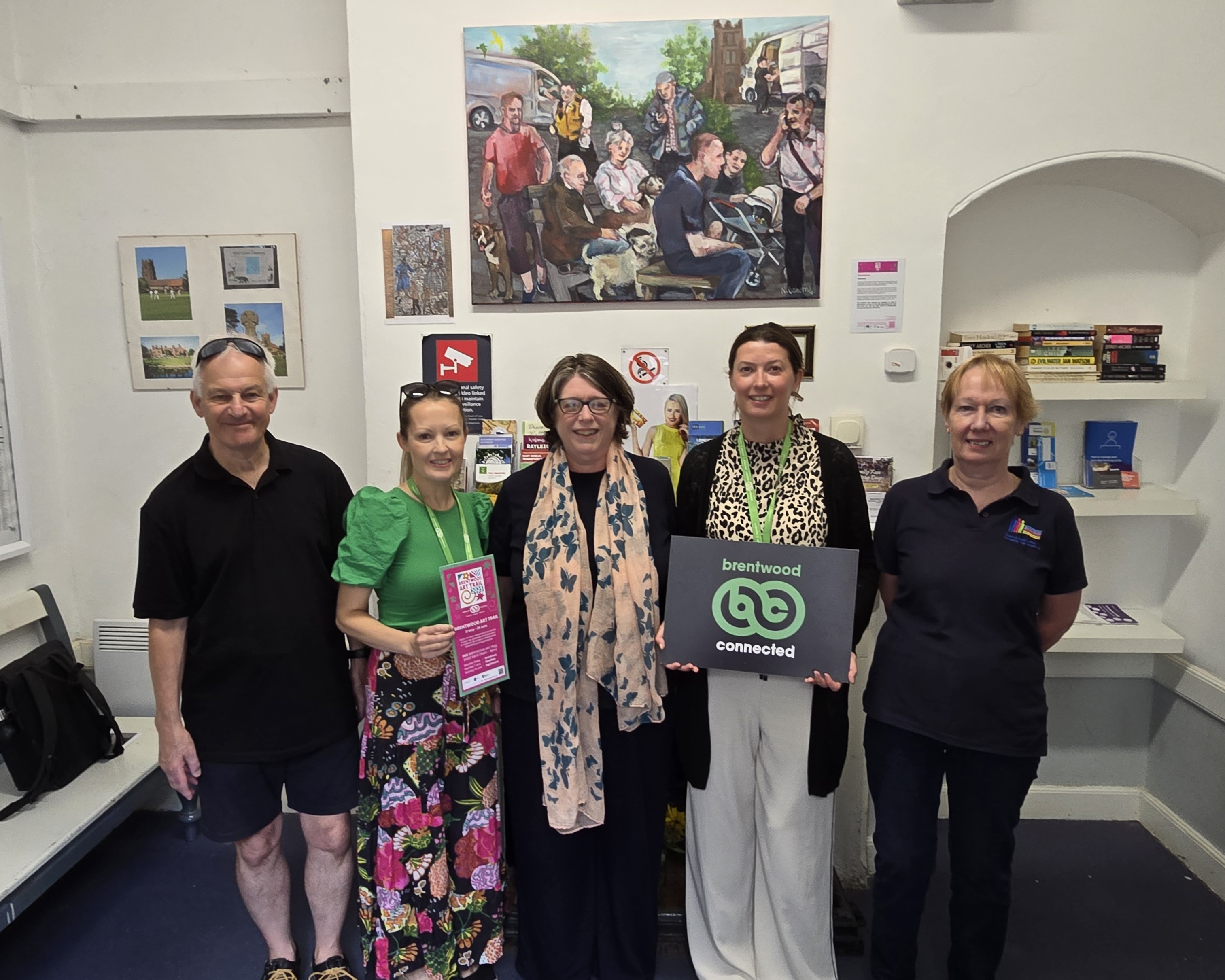 Image showing the unveiling of Nicola Osborne's painting at Ingatestone Station, featuring (L-R) Robert Fletcher, Villene Hyam, Nicola Osborne, Sarah Walmsley and June Povey.