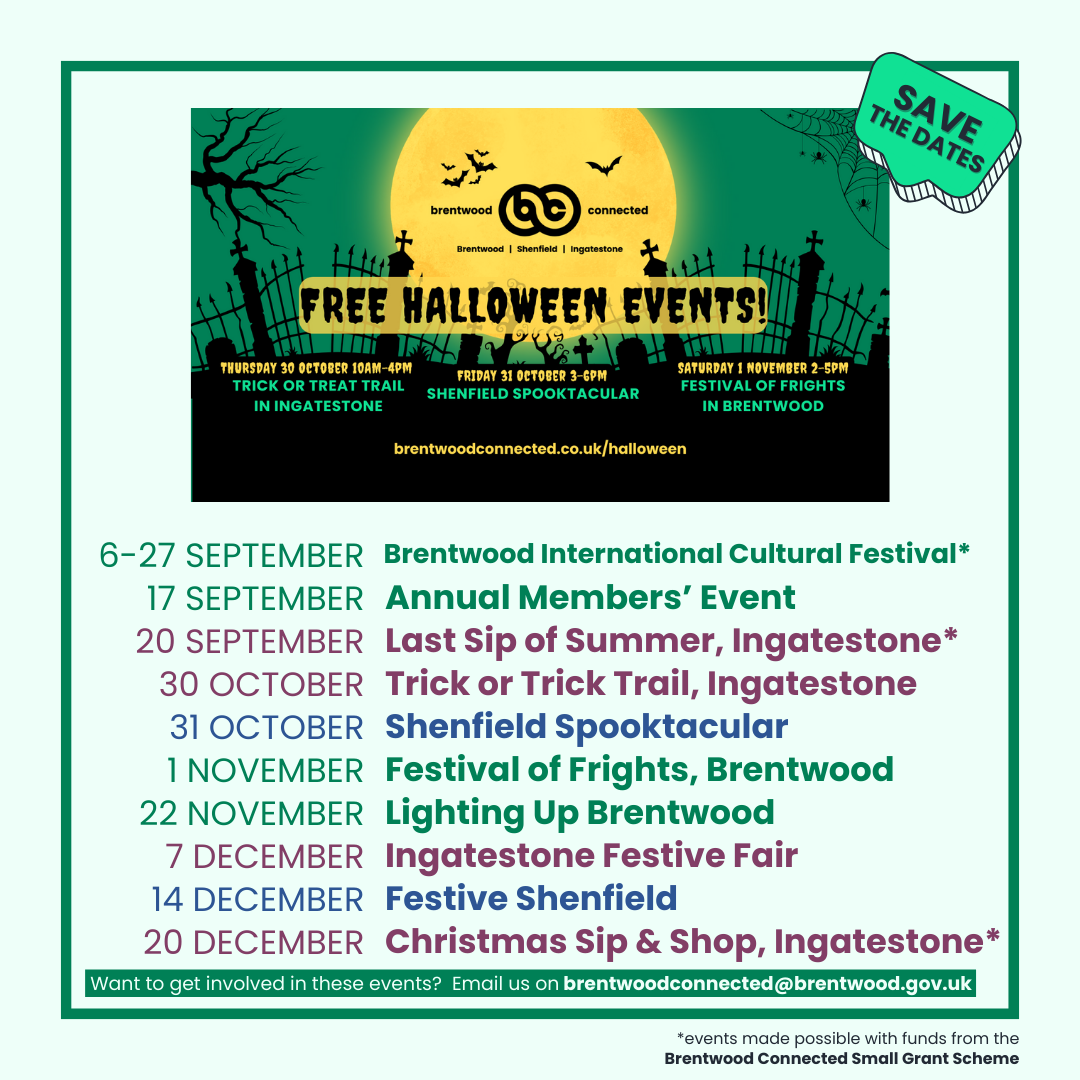 Image showing a list of upcoming Brentwood Connected events, with a Halloween image at the top.