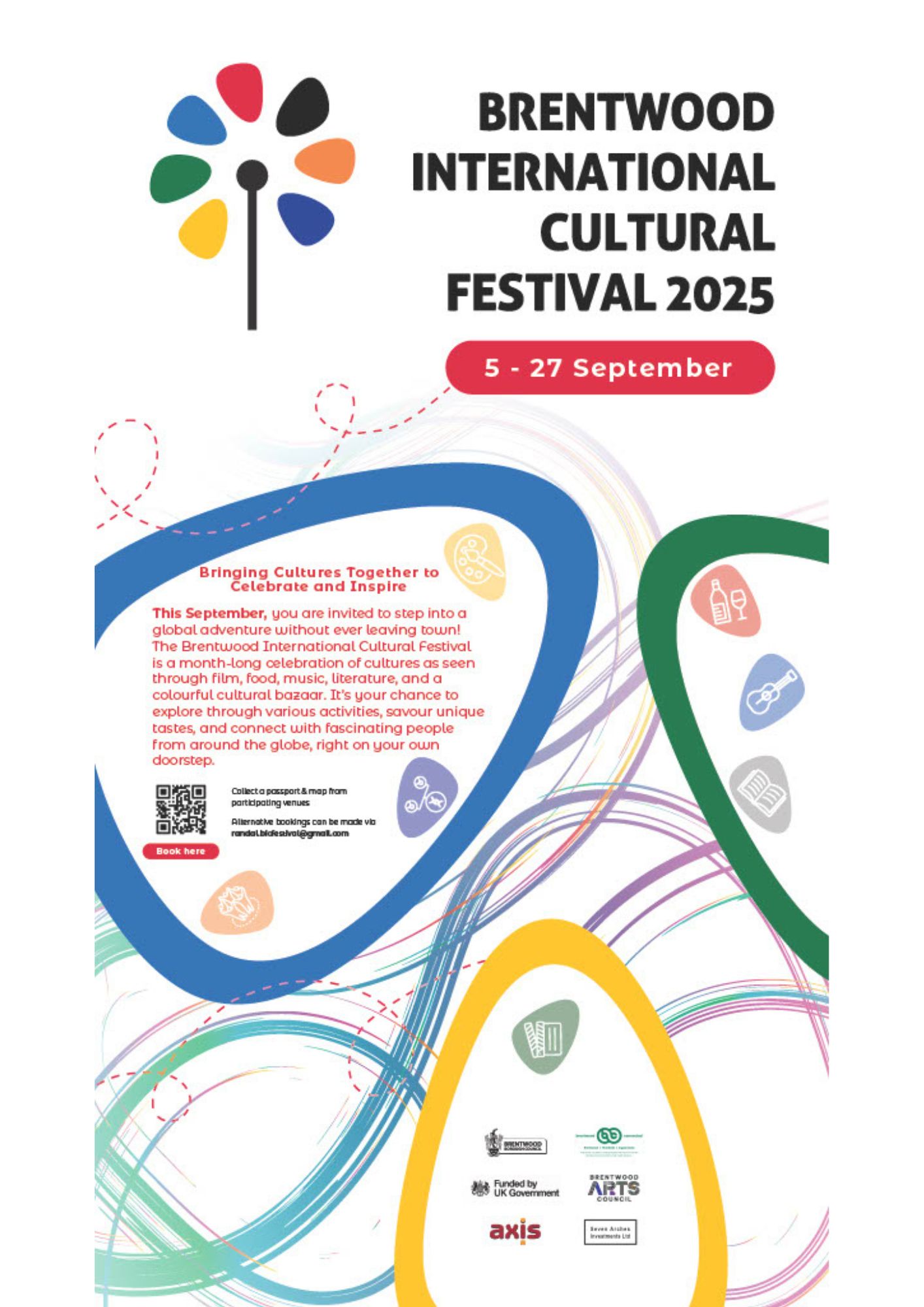 Brentwood International Cultural Festival Poster with pinwheel logo and dates showing 5 - 27 September 2025.