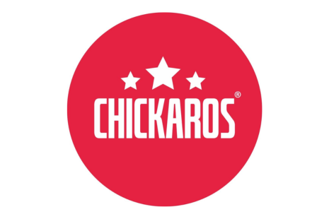 Logo for Chickaros with white text and three star shapes, on a circular red background.