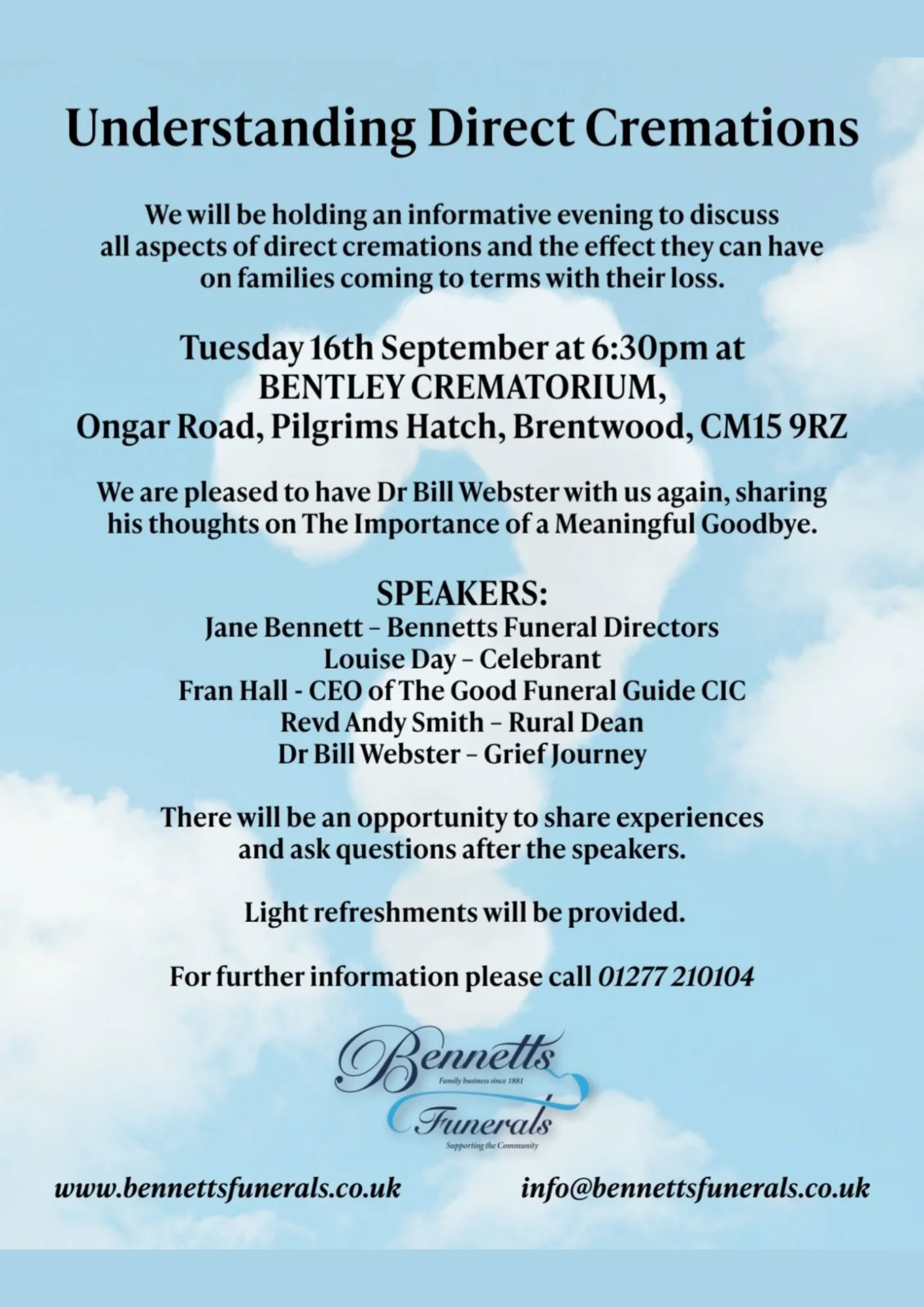 Poster promoting Understanding Direct Cremations with Bennetts Funerals.