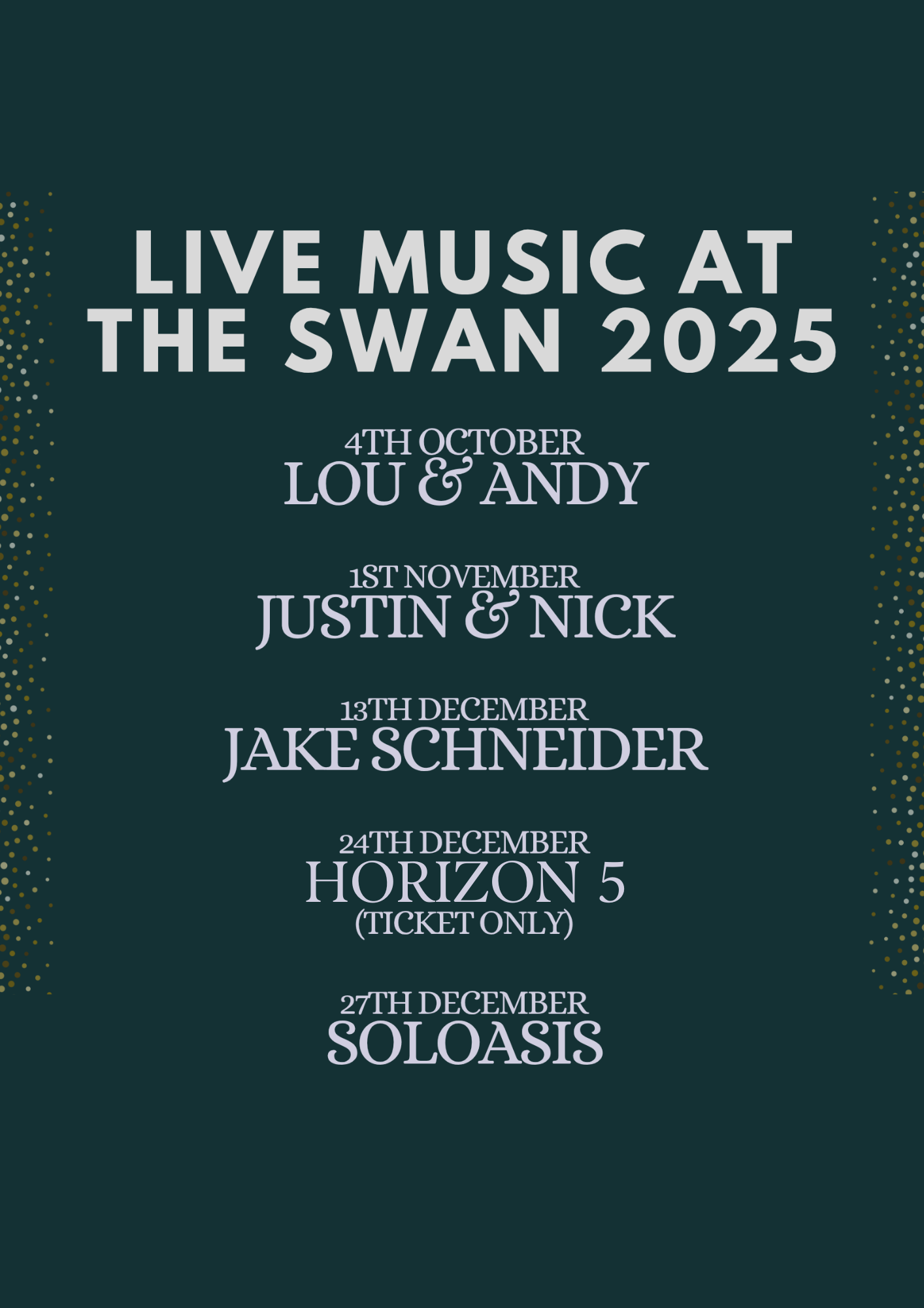 Image promoting live music at The Swan between October - December 2025.