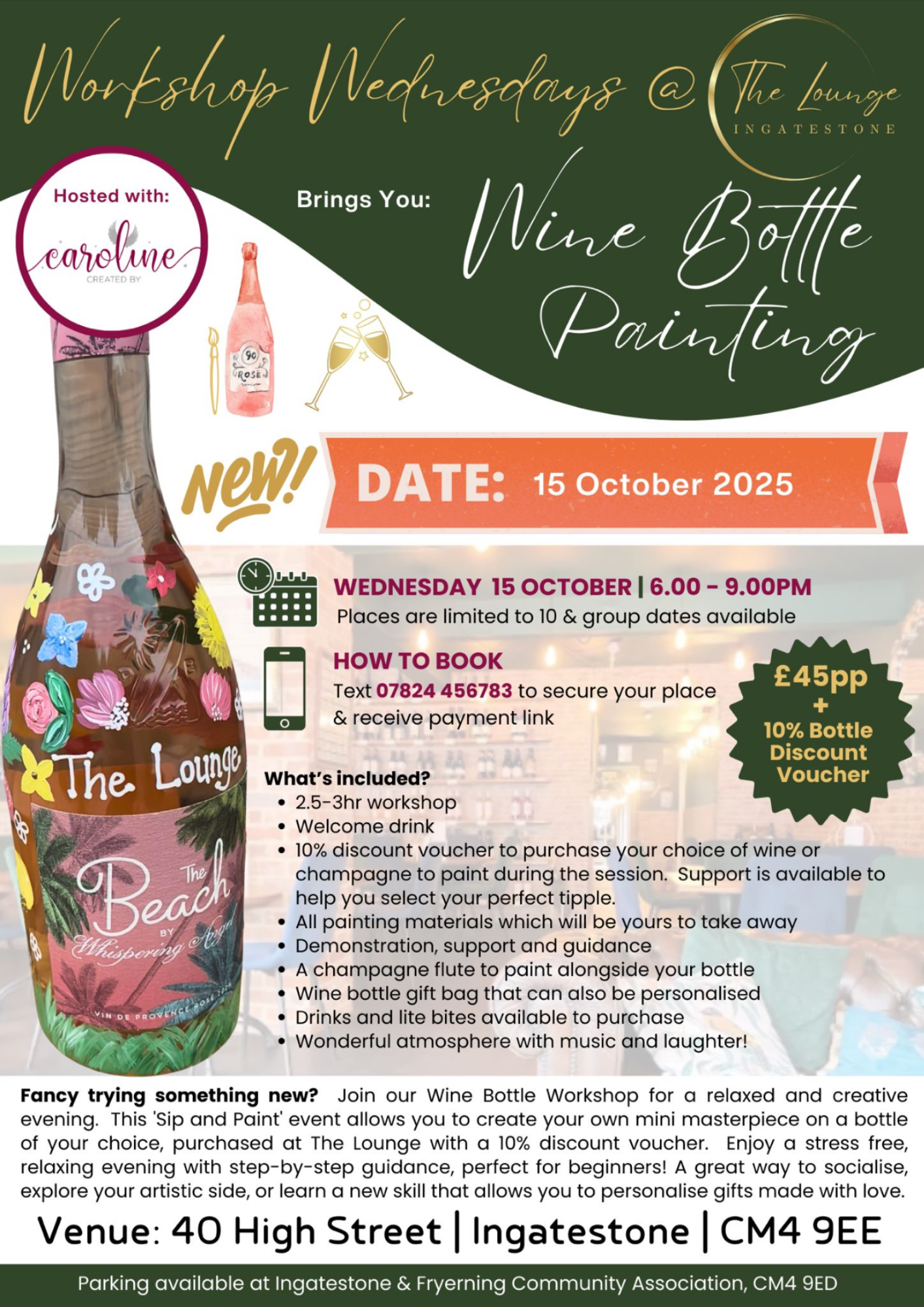 Poster promoting Wine Bottle Painting at The Lounge Wine Bar on 15 October 2025, showing an image of a colourfully painted wine bottle.