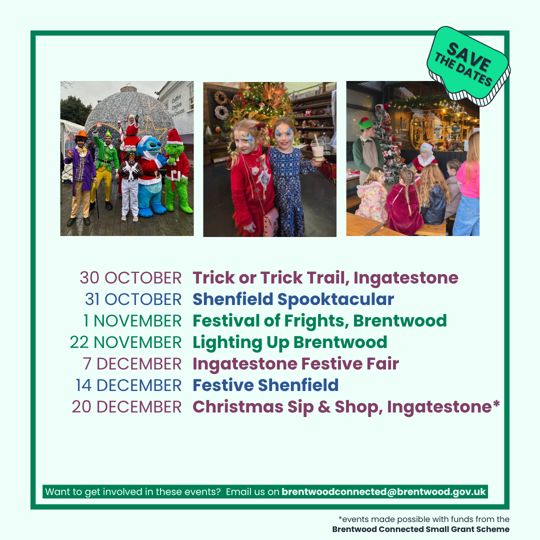 Image showing a list of upcoming Brentwood Connected events, with three festive event images at the top.