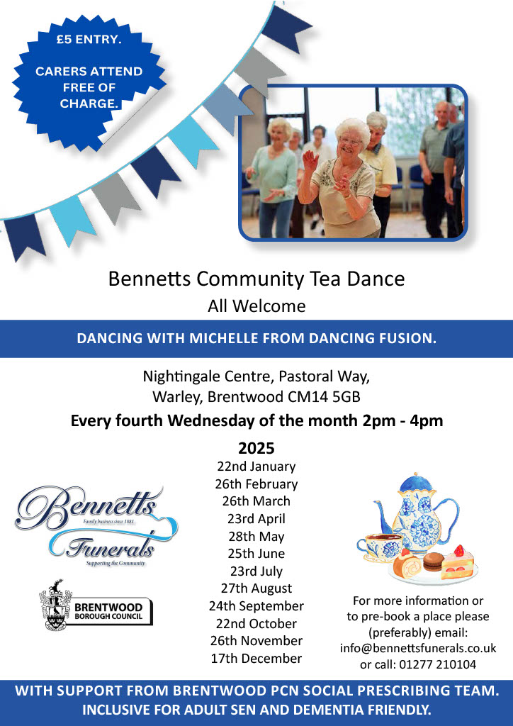 Poster for Bennetts Funerals Community Tea Dance dates in 2025.