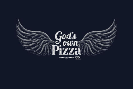 Logo for God's Own Pizza - white text on a dark blue background with two white angel wings either side.