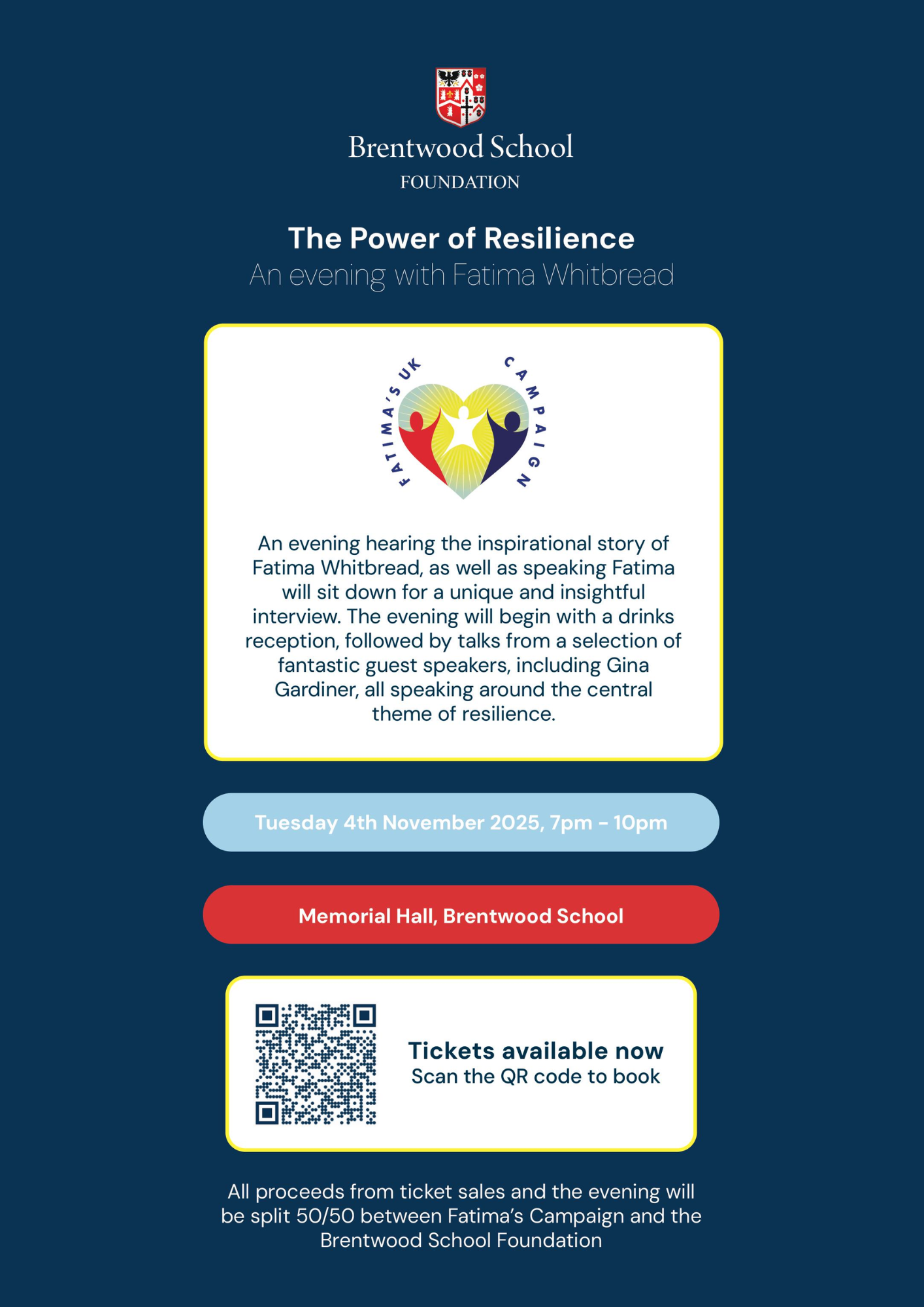 Event poster for a talk on resilience with Fatima Whitbread.  Includes a heart and people graphic, details, and QR code.