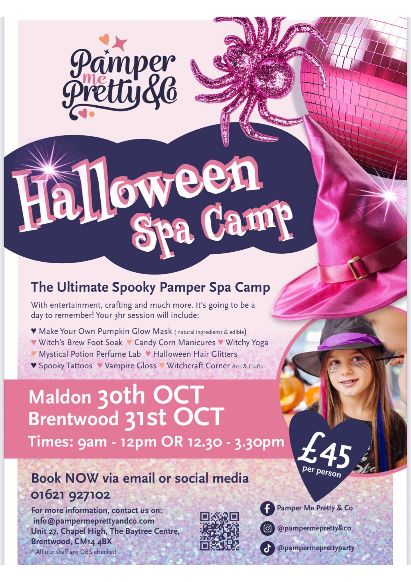 Poster promoting Halloween Spa Camps at Pamper Me Pretty & Co in October 2025.