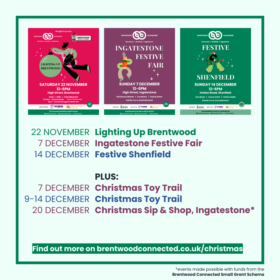 Image showing a list of upcoming Brentwood Connected events, with three festive event images at the top.