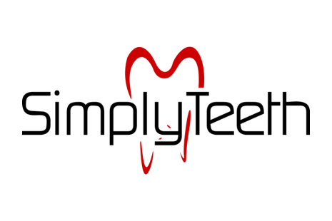 Logo for Simply Teeth - with black text in front of a red outline of a tooth.