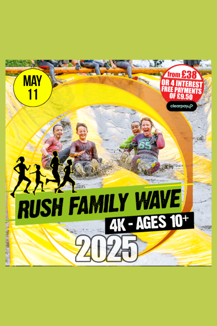 Graphic promoting Nuclear Rush Weekend Family Wave 2025, taking place on May 11th.  Costs from £38. Image shows two women, a boy and girl on a water slide.