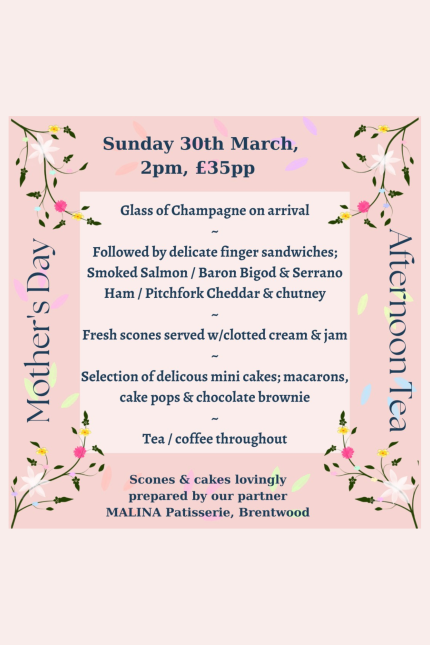 Mother's Day afternoon tea menu with floral border, taking place at Liquorice Wine & Deli on Sunday 30 March from 2pm.