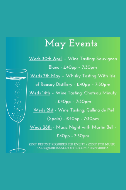 Image promoting May events at Liquorice Wine & Deli in Shenfield