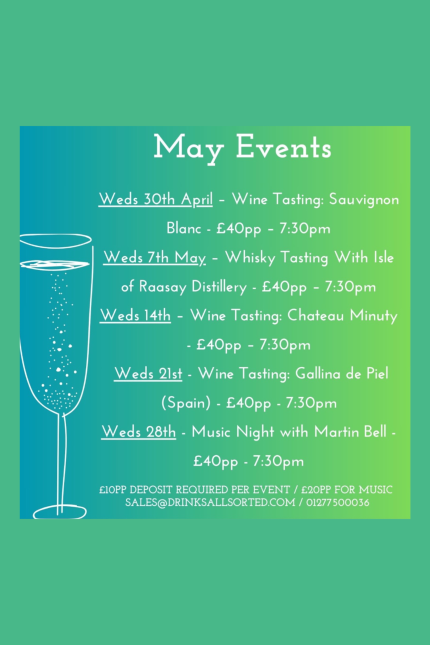 Image promoting May events at Liquorice Wine & Deli in Shenfield