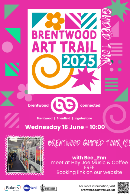 Image promoting the Brentwood Art Trail Guided tour on Wednesday 18 June from 10am, starting at Hey Joe Music & Coffee.