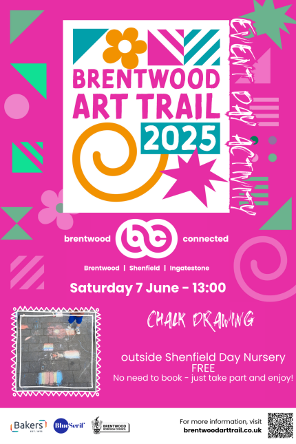 Poster promoting Brentwood Art Trail activity on Saturday 31 May - Chalk Drawing at Shenfield Day Nursery