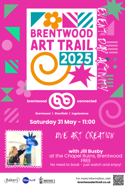 Poster promoting Brentwood Art Trail activity on Saturday 31 May - Live Art Creation with artist Jill Busby