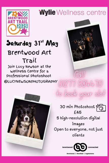 Poster promoting the Dog & Cat Photography Studio Experience Day with Lucy Newson Photography at Wylie Wellness Centre on Saturday 31 May as part of the Brentwood Art Trail.
