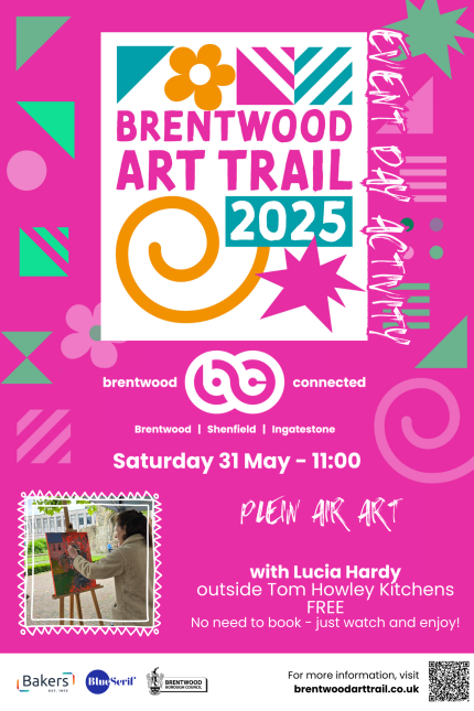 Poster promoting Brentwood Art Trail activity on Saturday 31 May - Plain Air Art with artist Lucia Hardy