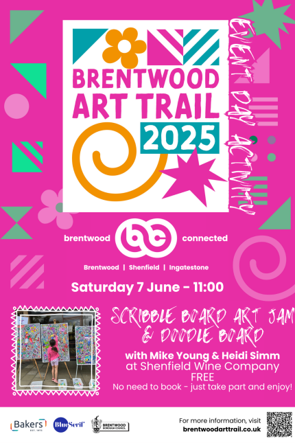 Poster promoting Brentwood Art Trail activity on Saturday 7 June - Scribble Board Art Jam & Doodle Board