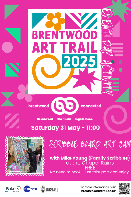 Poster promoting Brentwood Art Trail activity on Saturday 31 May - Scribble Board Art Jam