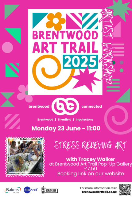 Poster promoting Stress Relieving Art with Tracey Walker on Monday 23 June as part of the Brentwood Art Trail.