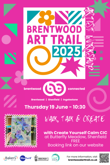 Poster promoting Brentwood Art Trail Walk, Talk & Create event at Butterfly Meadow on Thursday 19 June 2025