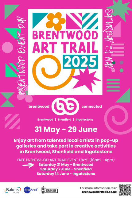 Bright pink poster for the Brentwood Art Trail 2025 from 31 May to 29 June. with added text for the Brentwood event day on Saturday 31 May and an arrow pointing to this date in a list of three.
