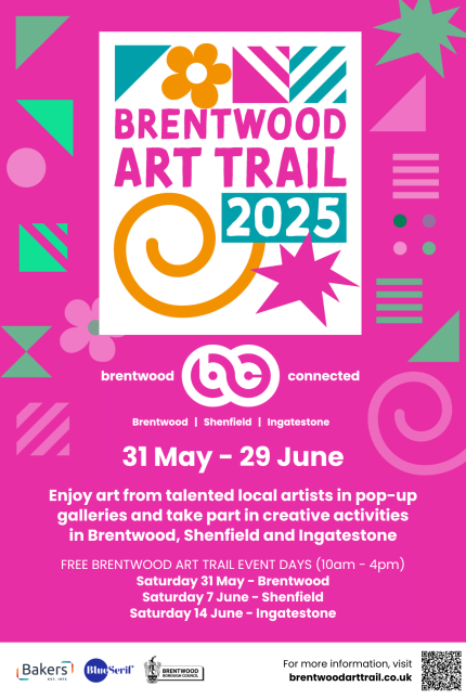 Bright pink poster for the Brentwood Art Trail 2025 from 31 May to 29 June.