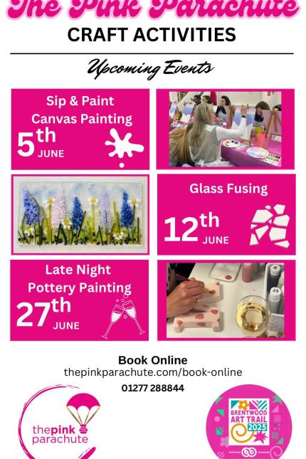 Image promoting three events from The Pink Parachute in June 2025 - Sip & Paint, Late Night Glass Fusing and Late Night Pottery Painting.  Includes Brentwood Art Trail logo.
