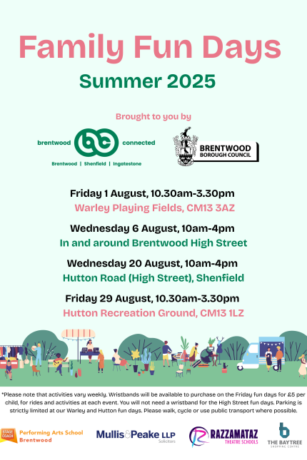 Poster promoting the Family Fun Days from Brentwood Connected & Brentwood Borough Council in August 2025.