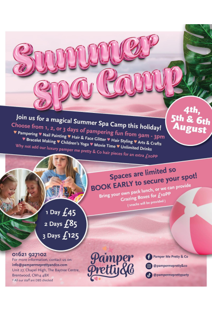 Poster for the Summer Spa Camp at Pamper Me Pretty & Co in August 2025.