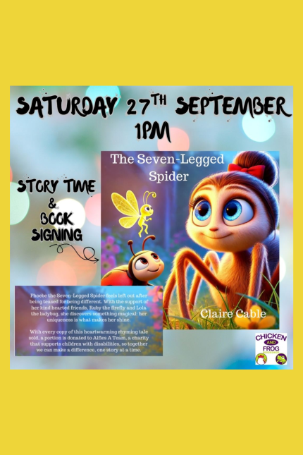 Image promoting the author event for The Seven-Legged Spider at Chicken & Frog Bookshop on Saturday 27 September.