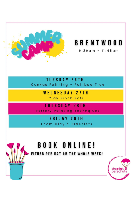Poster for The Pink Parachute Summer Camp events in July 2025.