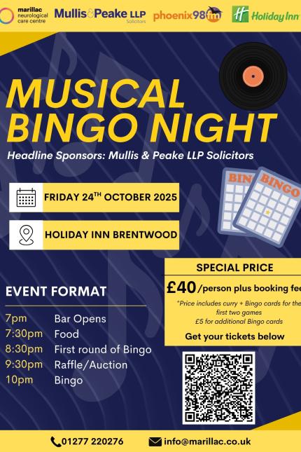 Image promoting Musical Bingo Night for Marillac Neurological Care Centre at Holiday Inn Brentwood on Friday 24 October 2025.