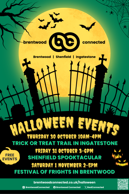 Image for Halloween 2025 dates - Trick or Trick Trail in Ingatestone on Thursday 30 October, Shenfield Spooktacular on Friday 31 October, Festival of Frights on Saturday 1 November.