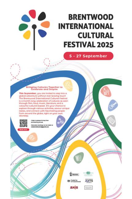 Brentwood International Cultural Festival Poster with pinwheel logo and dates showing 5 - 27 September 2025.