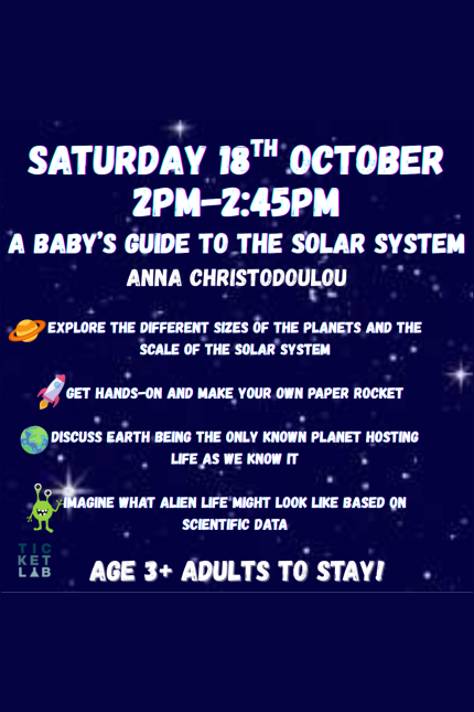 Image promoting 'A Baby's Guide to the Solar System', taking place at Chicken & Frog Bookshop on Saturday 18 October.