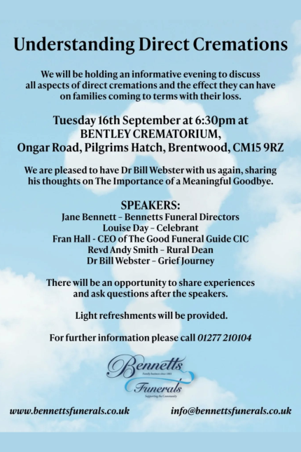 Poster promoting Understanding Direct Cremations with Bennetts Funerals.