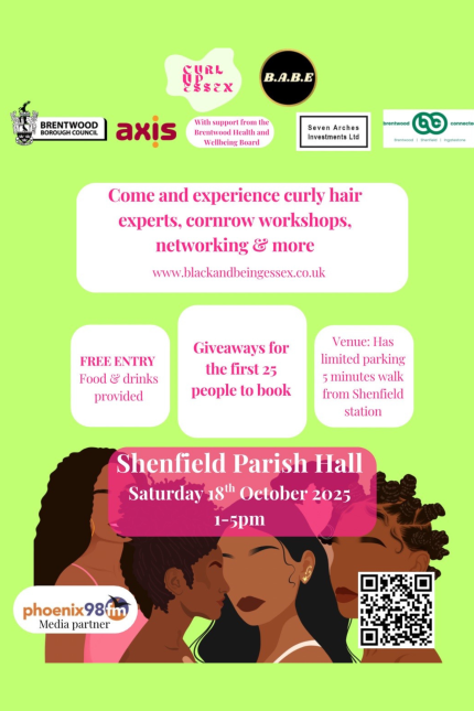 Poster promoting the Black And Being Essex (B.A.B.E) Curl Up Essex event on Saturday 18 October 2025.