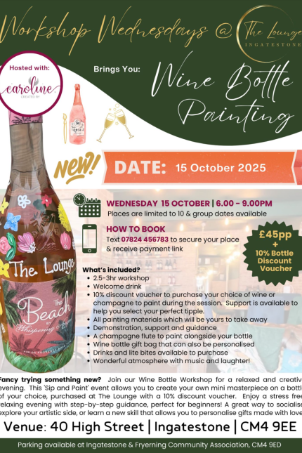 Poster promoting Wine Bottle Painting at The Lounge Wine Bar on 15 October 2025, showing an image of a colourfully painted wine bottle.
