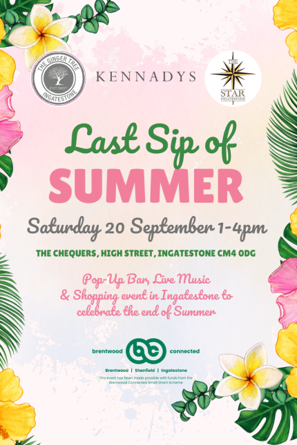 Poster promoting the Last Sip of Summer event in Ingatestone on Saturday 20 September