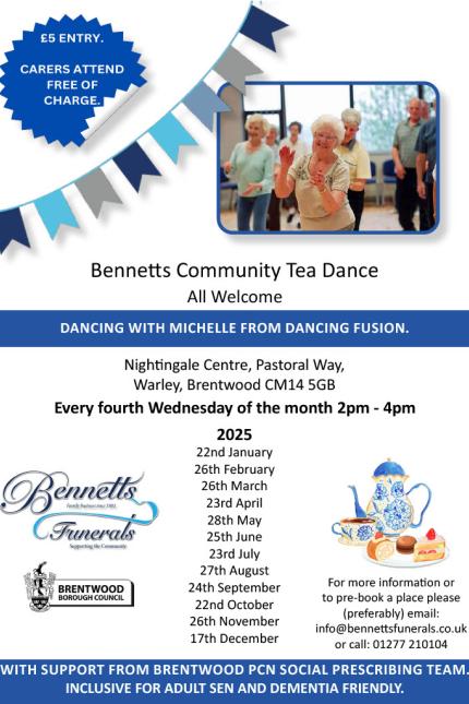 Poster for Bennetts Funerals Community Tea Dance dates in 2025.