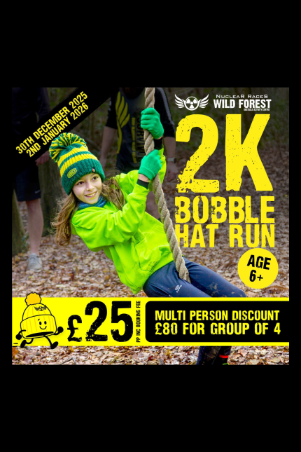 Image promoting the 2K Bobble Hat Run at Nuclear Races Wild Forest in Winter 2025.